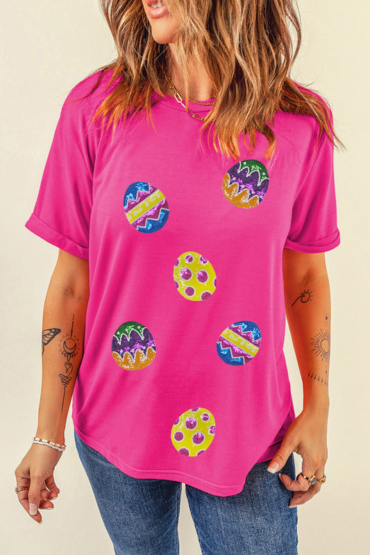 Rose Red Easter Eggs Patched Crew Neck Graphic Tee Graphic Tees JT's Designer Fashion