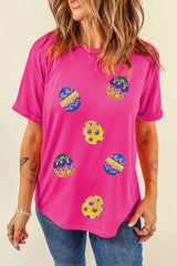 Rose Red Easter Eggs Patched Crew Neck Graphic Tee Graphic Tees JT's Designer Fashion
