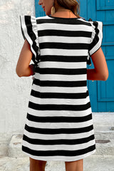 Black Stripe Flutter Sleeve Round Neck Shift Dress Mini Dresses JT's Designer Fashion