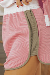 Pink Textured Colorblock Patchwork Tee Two Piece Shorts Set Short Sets JT's Designer Fashion