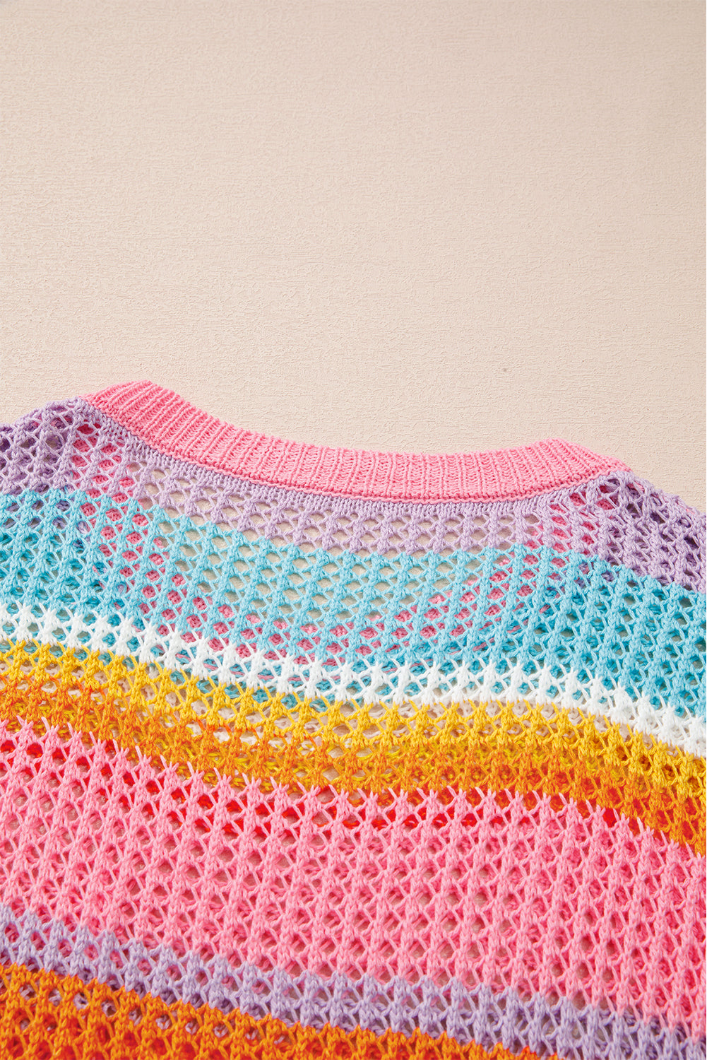 Pink Stripe Plus Size Open Knit Patch Pocket Short Sleeve Sweater Plus Size Sweaters & Cardigans JT's Designer Fashion