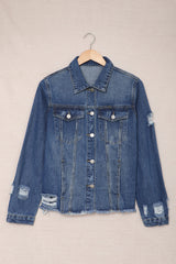 Blue Lapel Distressed Raw Hem Buttons Denim Jacket Denim Jackets JT's Designer Fashion