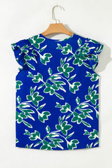Blue V Neck Floral Print Double Ruffled Short Sleeve Blouse Blouses & Shirts JT's Designer Fashion