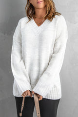 White V neck Drop Shoulder Knitted Sweater Sweaters & Cardigans JT's Designer Fashion