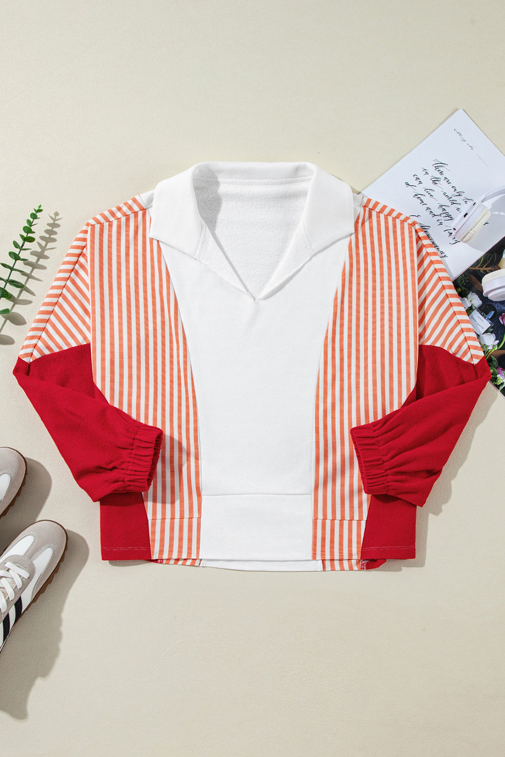 White Striped Color Block Collared V Neck Oversized Sweatshirt Sweatshirts & Hoodies JT's Designer Fashion