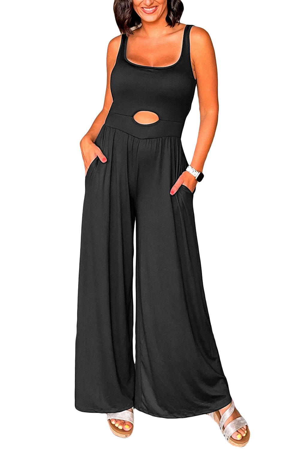 Black Peekaboo Wide Leg Square Neck Sleeveless Jumpsuit Jumpsuits & Rompers JT's Designer Fashion