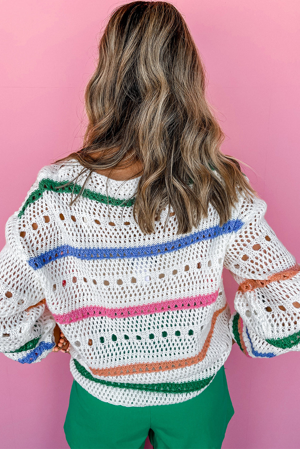 White Color Block Striped Pointelle Knit Sweater Sweaters JT's Designer Fashion
