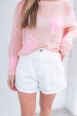 Light Pink Big Flower Hollowed Knit Drop Shoulder Sweater Sweaters & Cardigans JT's Designer Fashion