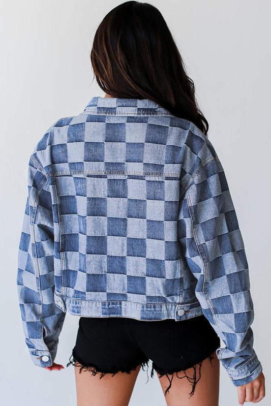 Light Blue Checkered Patchwork Button up Denim Jacket Denim Jackets JT's Designer Fashion