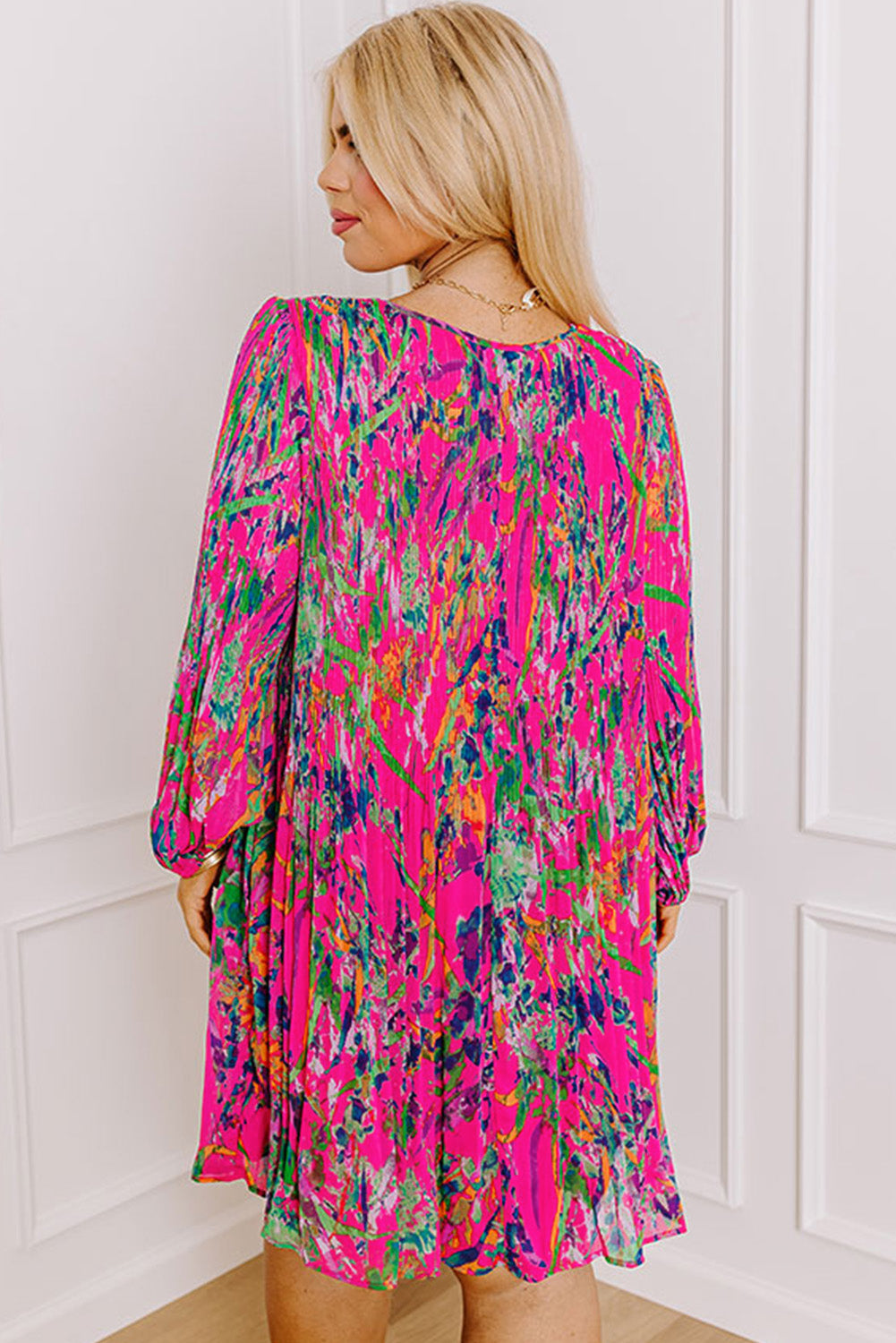 Rose Plus Size Abstract Floral Print Pleated Loose Dress Plus Size Mini Dresses JT's Designer Fashion