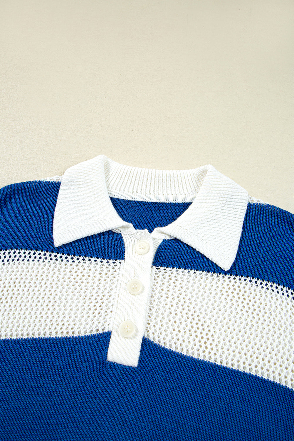 Blue Stripe Colorblock Polo Collar Eyelet Crochet Knitted Sweater Sweaters JT's Designer Fashion
