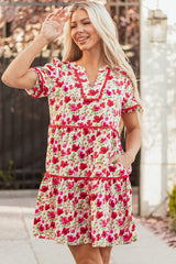 Red Floral Puff Sleeve Tiered Ric Rac Pocketed Mini Dress Floral Dresses JT's Designer Fashion