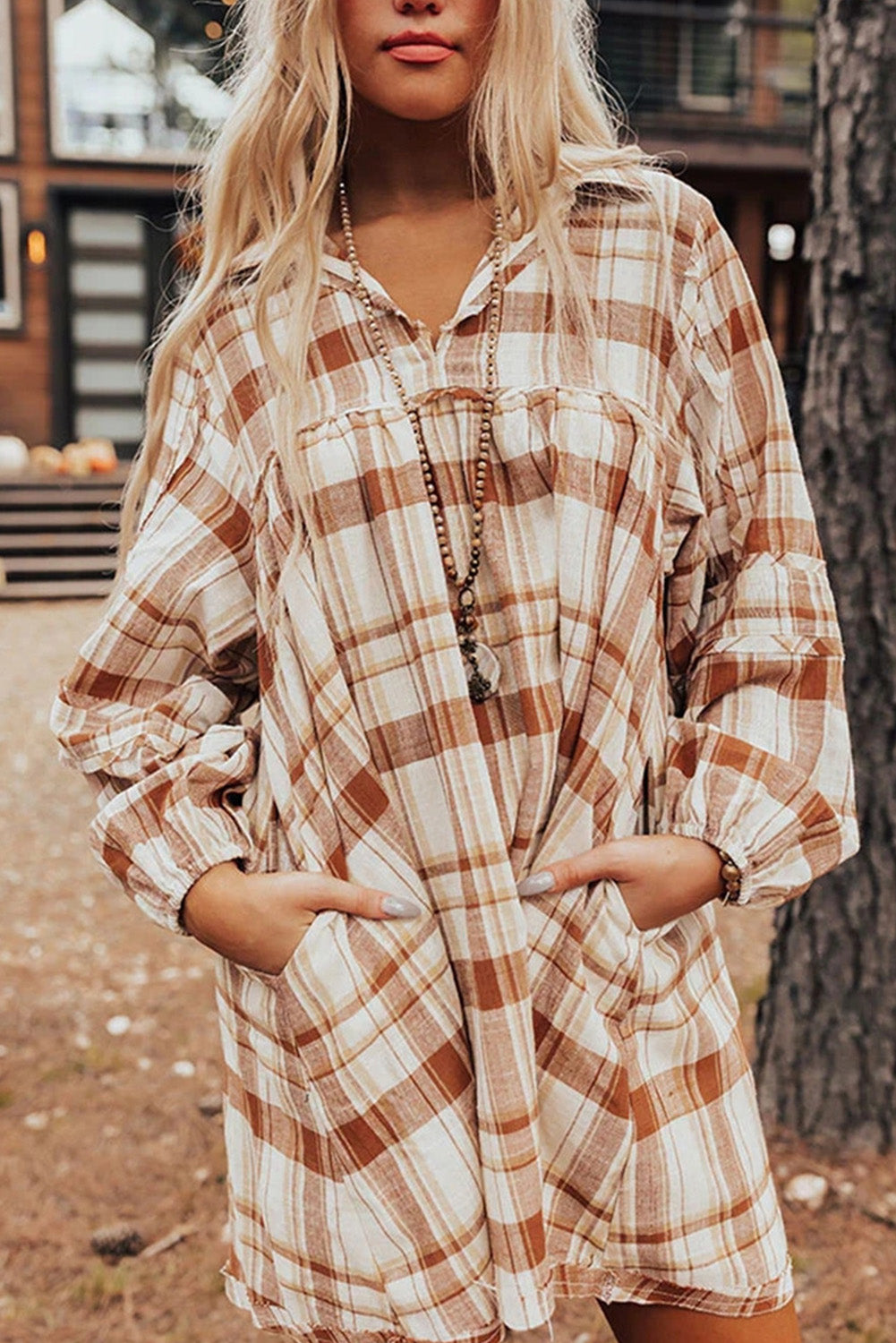 Brown Plaid Print Side Pockets Frilled Babydoll Mini Dress Mini Dresses JT's Designer Fashion