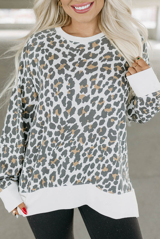 White Printed Solid Trim Leopard Print Top Long Sleeve Tops JT's Designer Fashion
