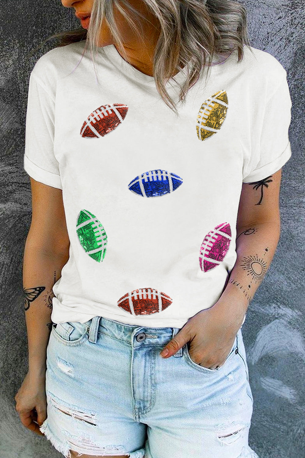 White Sequin Rugby Football Pattern Crewneck T Shirt Graphic Tees JT's Designer Fashion