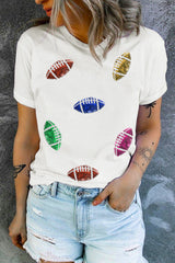 White Sequin Rugby Football Pattern Crewneck T Shirt Graphic Tees JT's Designer Fashion
