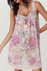 Multicolour Floral Print Fringed Tie U Neck Sleeveless Mini Dress Multicolour 100%Polyester Floral Dresses JT's Designer Fashion