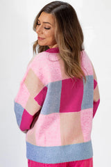 Rose Red Color Block Drop Shoulder Crewneck Loose Fit Sweater Sweaters JT's Designer Fashion