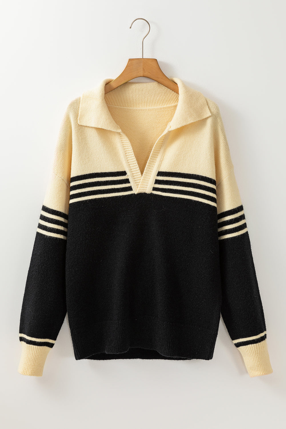 Black Colorblock Stripe Collared V Neck Sweater Sweaters JT's Designer Fashion
