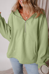 Smoke Green Fleece Lined Half Zipper Kangaroo Pockets Loose Hoodie Sweatshirts & Hoodies JT's Designer Fashion