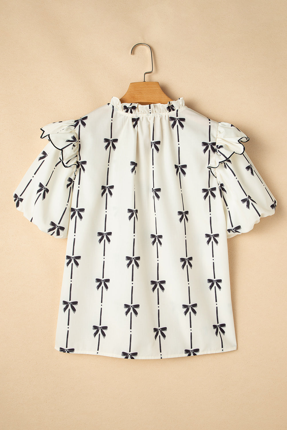 Beige Bow Printed Ruffled Bubble Sleeve Tied Notched V Neck Blouse Blouses & Shirts JT's Designer Fashion