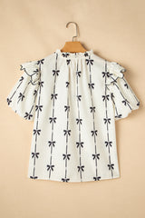 Beige Bow Printed Ruffled Bubble Sleeve Tied Notched V Neck Blouse Blouses & Shirts JT's Designer Fashion