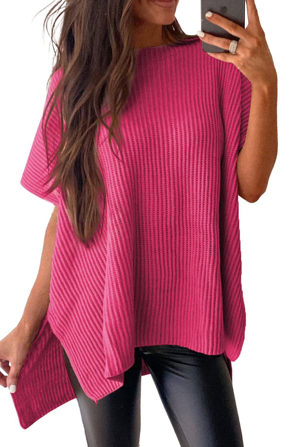 Rose Red Short Sleeve Side Slit Oversized Sweater Sweaters & Cardigans JT's Designer Fashion