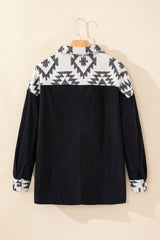 Black Aztec Patchwork Buttoned Corduroy Shacket Jackets JT's Designer Fashion