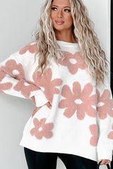 White Textured Flower Drop Shoulder Loose Sweater Sweaters JT's Designer Fashion