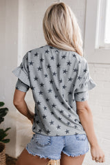 Gray USA Letter Patched Star Printed Ruffle Trim Sleeves Loose Tee Graphic Tees JT's Designer Fashion