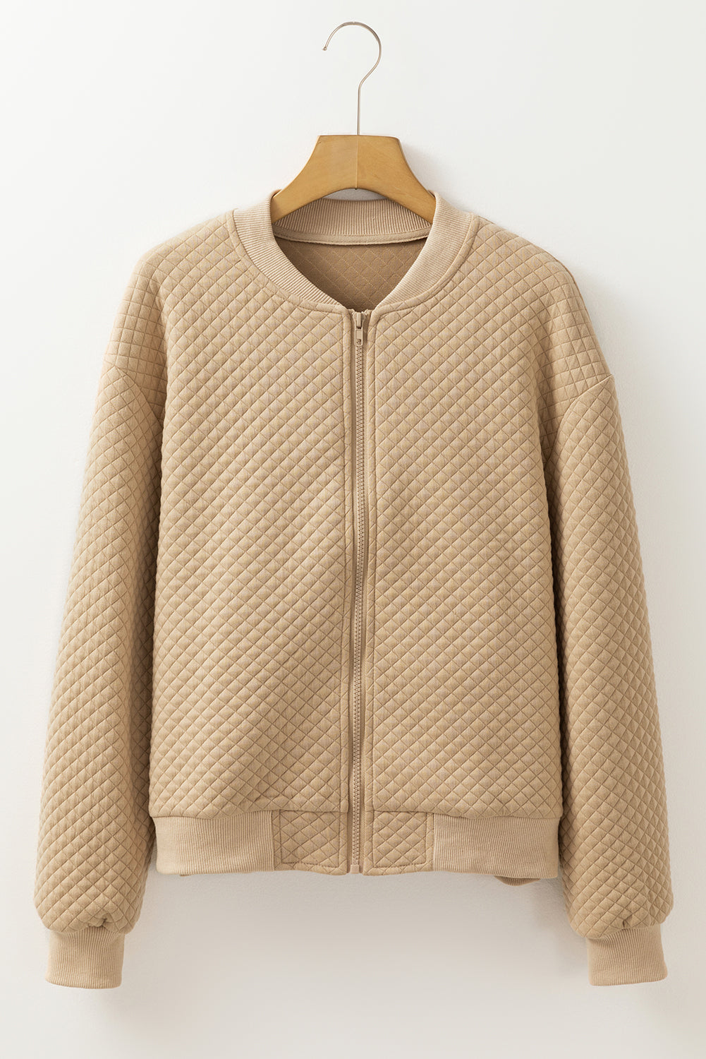 Pale Khaki Solid Geometric Textured Baseball Collar Jacket Jackets JT's Designer Fashion