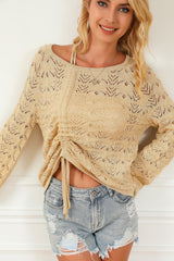 Khaki Hollowed Knit Asymmetric Drawstring Sweater Sweaters & Cardigans JT's Designer Fashion