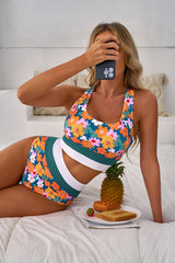 Green Floral Print Racerback Cutout High Waist 2pcs Bikini Bikinis JT's Designer Fashion