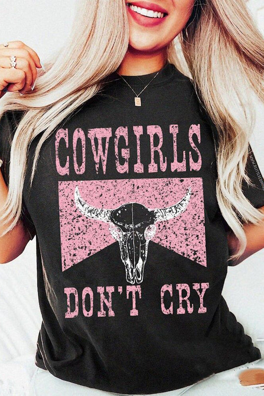Black COWGIRL DONT CRY Steer Head Print Short Sleeve Top Graphic Tees JT's Designer Fashion