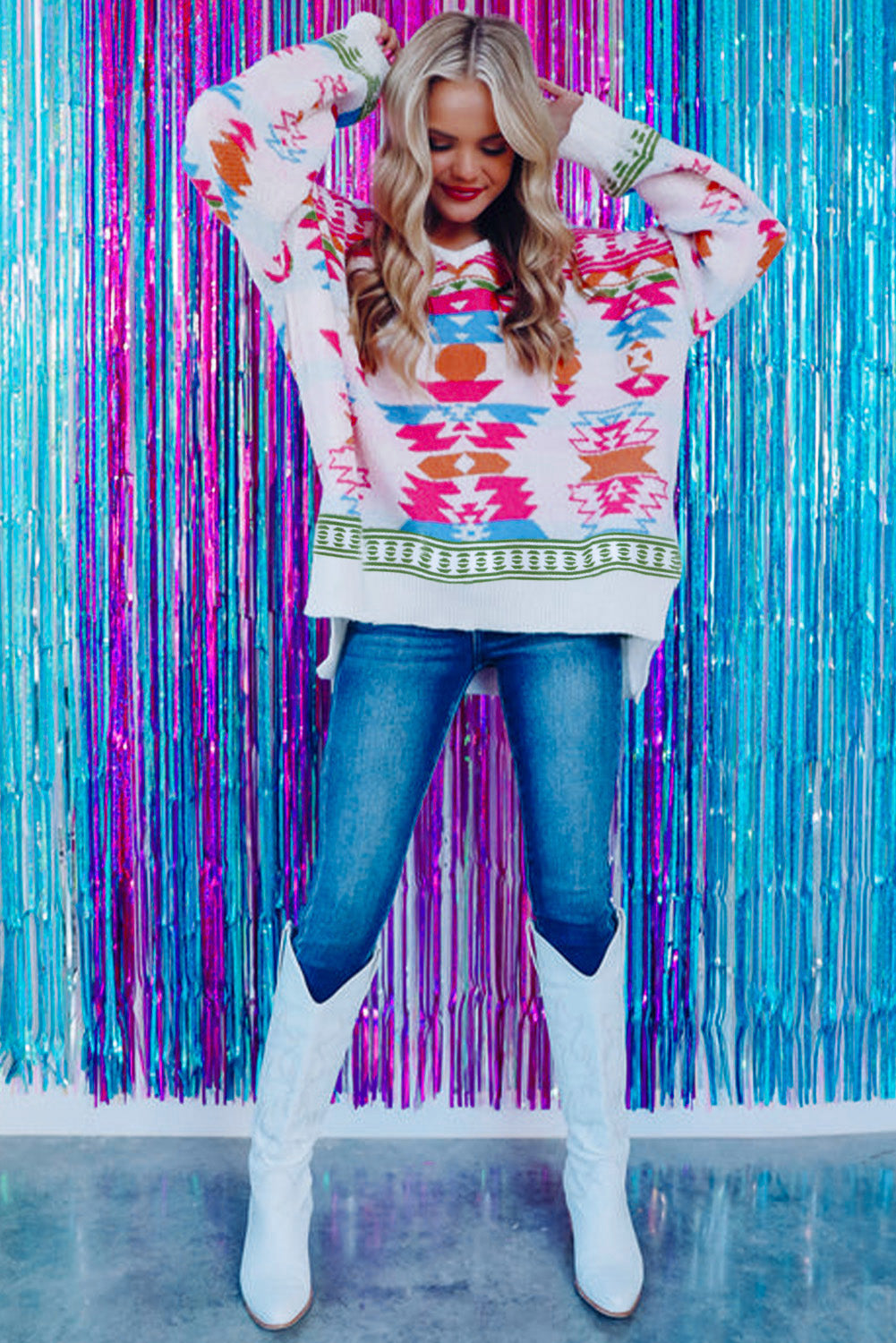 White Oversize Aztec Print High Low V Neck Sweater Sweaters JT's Designer Fashion