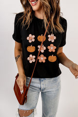 Black Pumpkin Flower Print Short Sleeve Graphic Top Graphic Tees JT's Designer Fashion