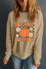 Khaki Floral Checkered Pumpkin Graphic Drop Shoulder Thanksgiving Sweatshirt Graphic Sweatshirts JT's Designer Fashion
