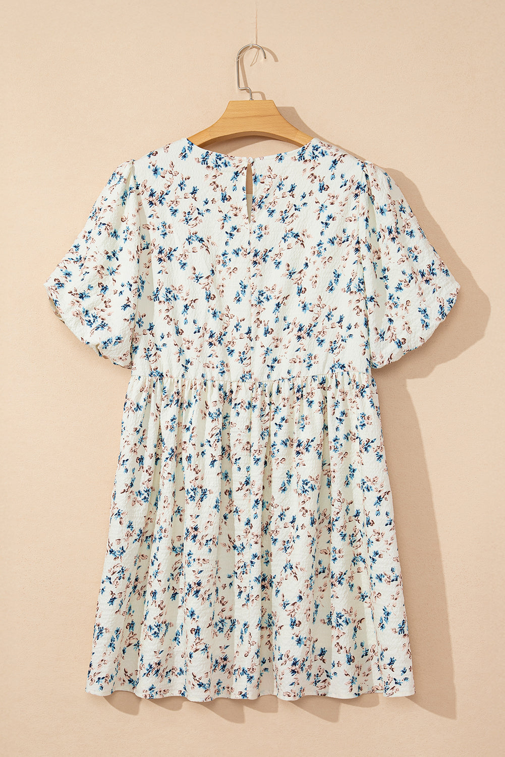 Beige Floral Puff Short Sleeve Empire Waist Mini Dress Floral Dresses JT's Designer Fashion