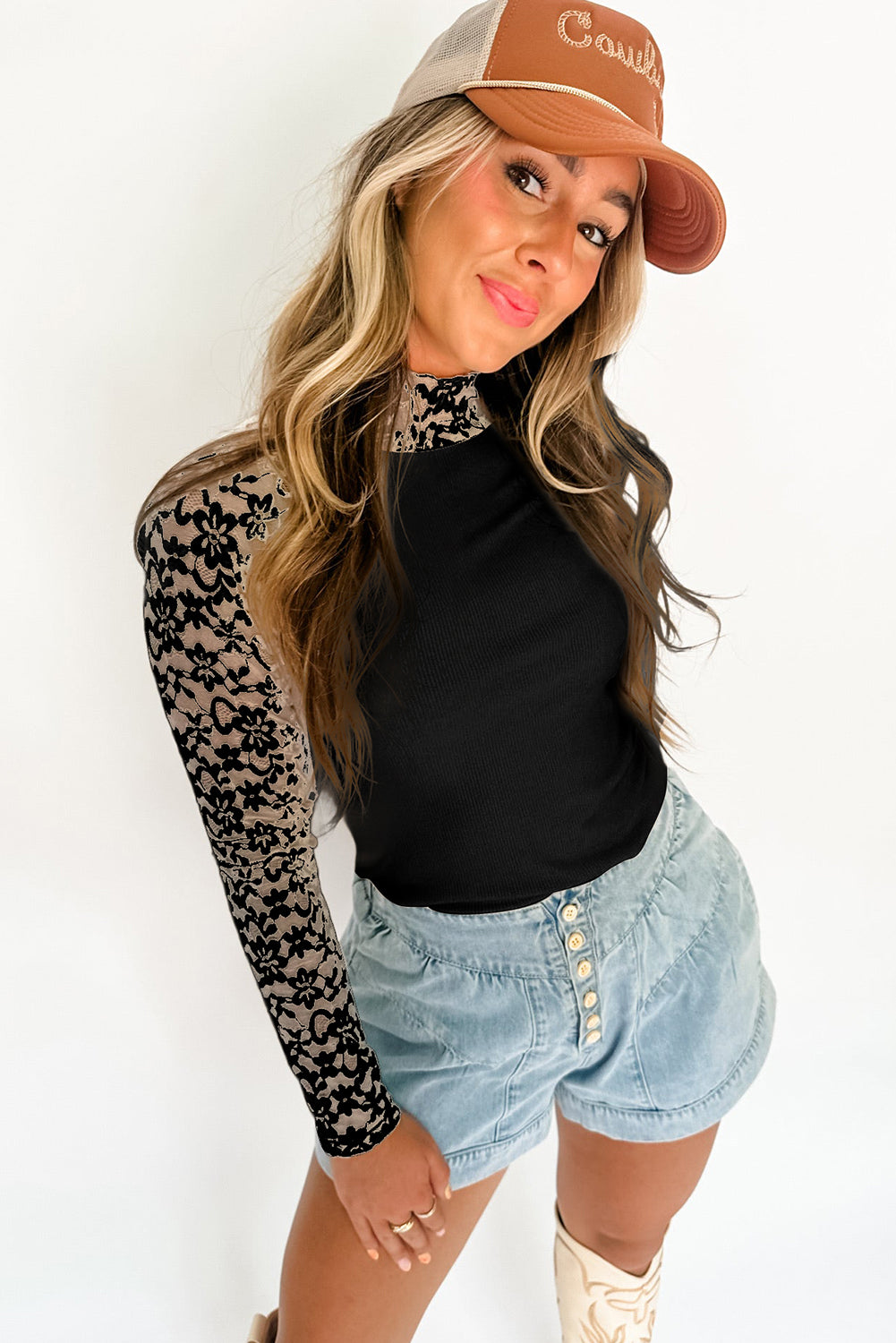 Black Floral Lace Patchwork Long Sleeve High Neck Slim Top Long Sleeve Tops JT's Designer Fashion