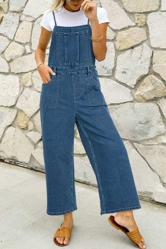 Dusk Blue Adjustable Tie Straps Cropped Wide Leg Denim Overalls Dusk Blue 72%Cotton+26%Polyester+2%Elastane Jumpsuits & Rompers JT's Designer Fashion