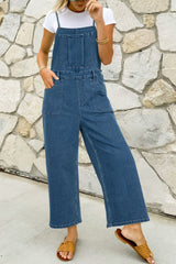 Dusk Blue Adjustable Tie Straps Cropped Wide Leg Denim Overalls Dusk Blue 72%Cotton+26%Polyester+2%Elastane Jumpsuits & Rompers JT's Designer Fashion