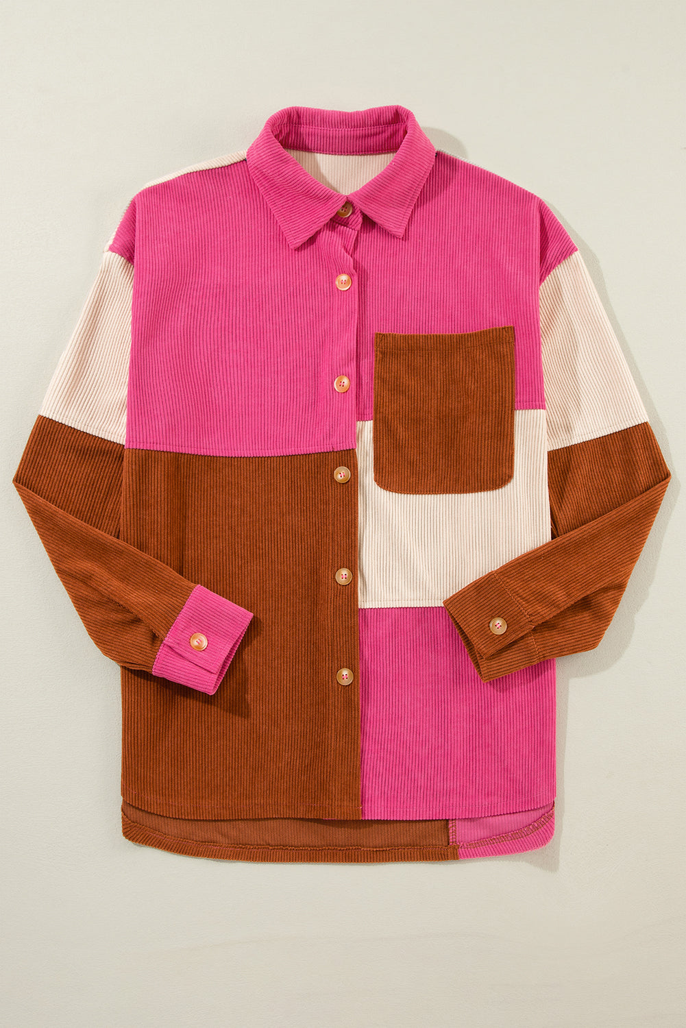 Rose Red Colorblock Curved Hem Corduroy Shacket with Pocket Jackets JT's Designer Fashion