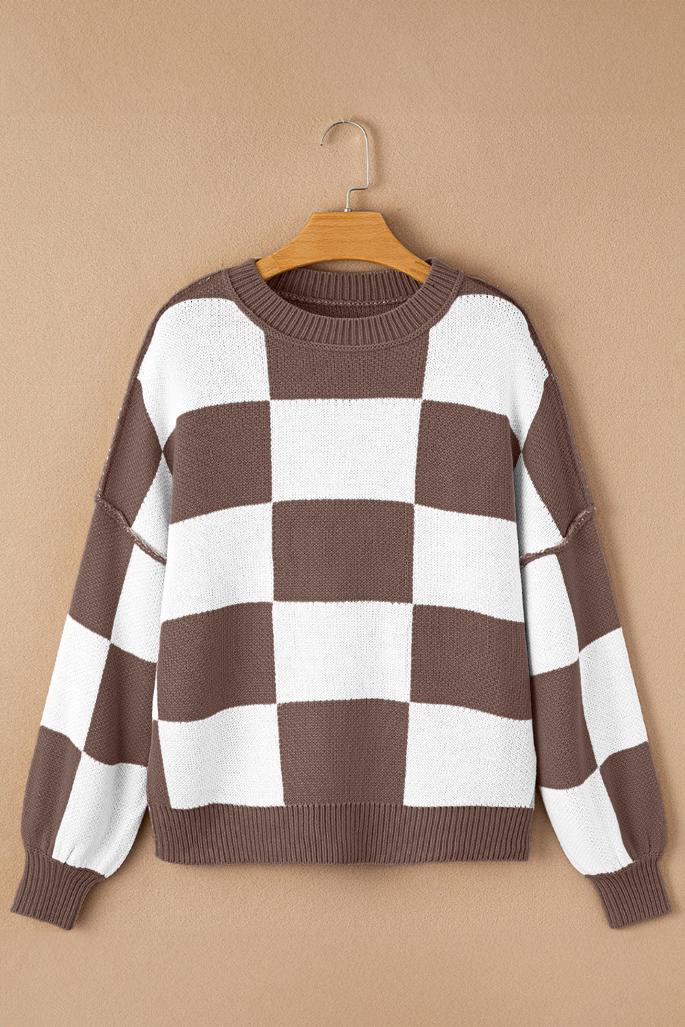 Dark Brown Checkered Bishop Sleeve Sweater Sweaters JT's Designer Fashion