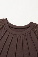 Dark Brown Contrast Lace Raglan Sleeve Pleated Detail Shift Dress T Shirt Dresses JT's Designer Fashion