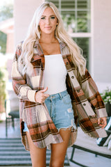 Brown Plaid Print Flap Pockets Long Shacket Plaid Shackets JT's Designer Fashion