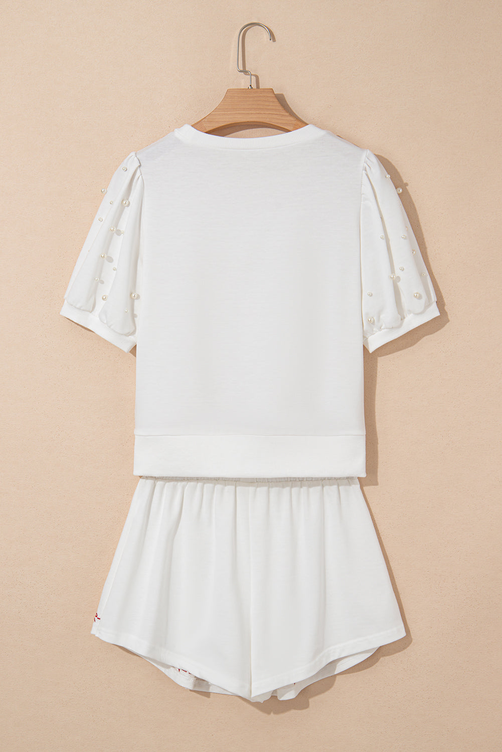 White Contrast Bow Trim Pearl Puff Sleeve Blouse and Skort 2pcs Set Short Sets JT's Designer Fashion