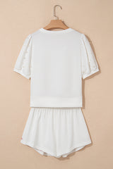 White Contrast Bow Trim Pearl Puff Sleeve Blouse and Skort 2pcs Set Short Sets JT's Designer Fashion