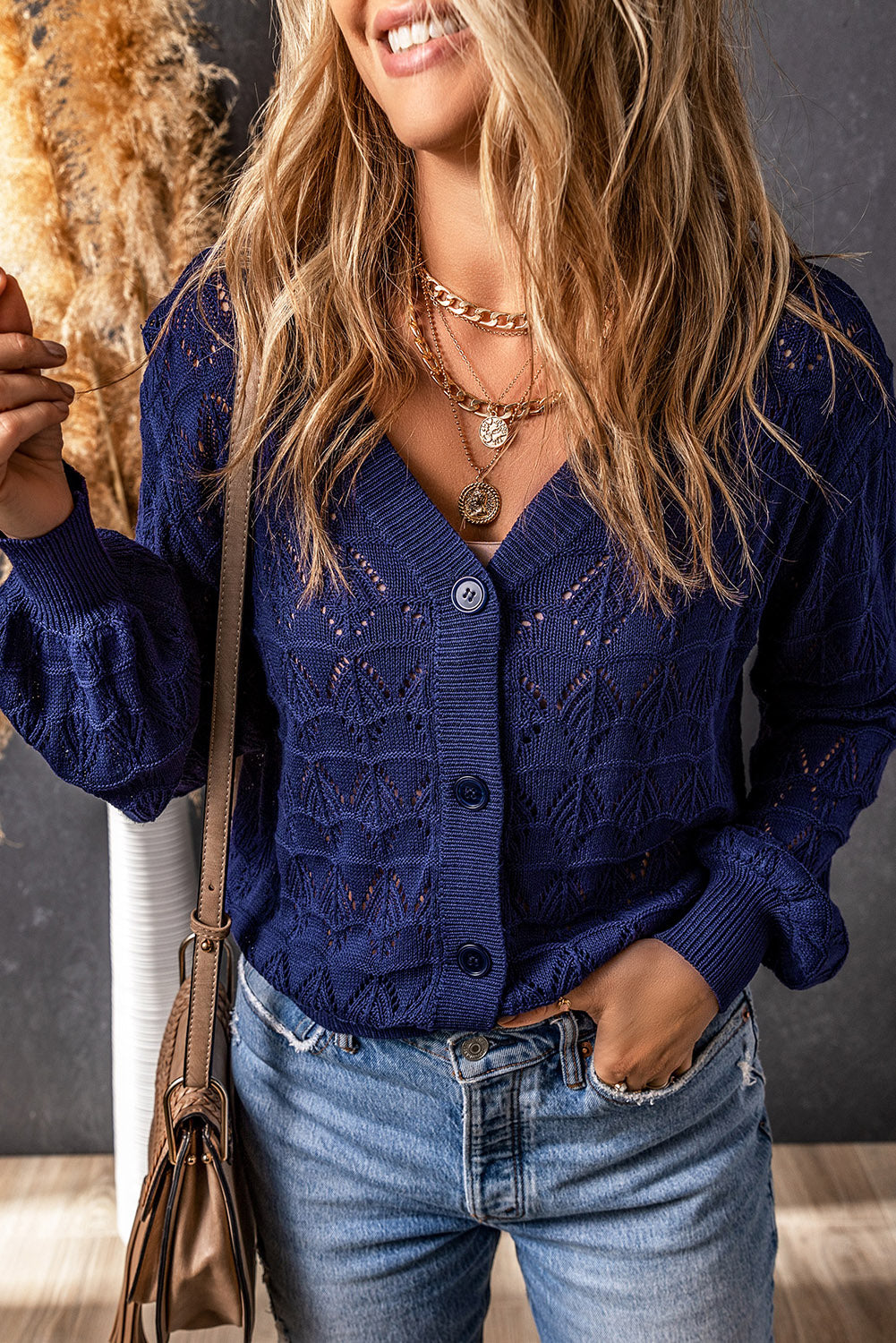 Blue Lightweight Buttoned Front Crochet Cardigan Sweaters & Cardigans JT's Designer Fashion