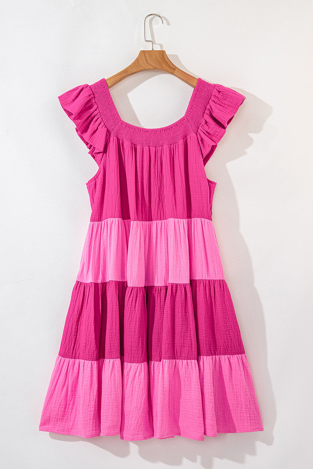 Pink Crinkled Colorblock Patchwork Flutter Tiered Mini Dress Mini Dresses JT's Designer Fashion