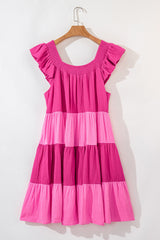 Pink Crinkled Colorblock Patchwork Flutter Tiered Mini Dress Mini Dresses JT's Designer Fashion